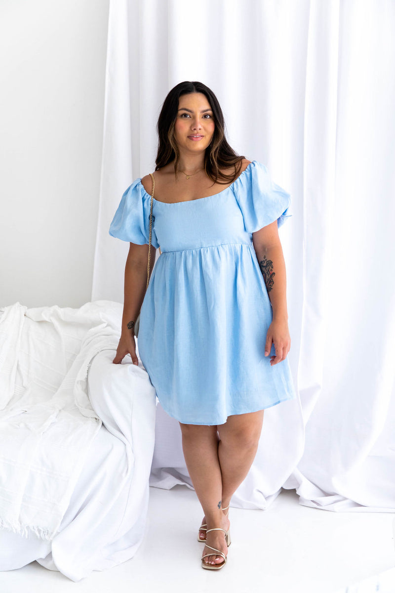 Jayla Linen Mini Dress - Baby Blue - The Self Styler - The Self Styler