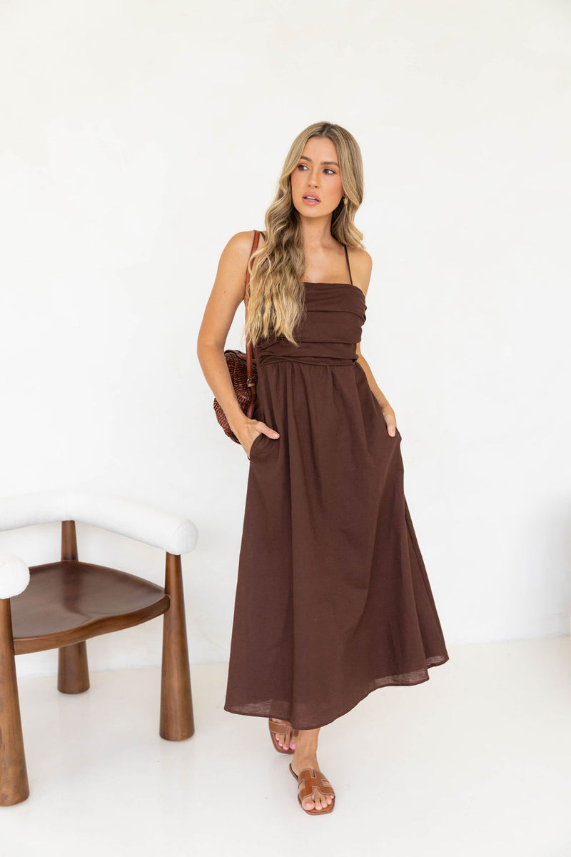 Ava Linen Midi Dress - Chocolate - The Self Styler