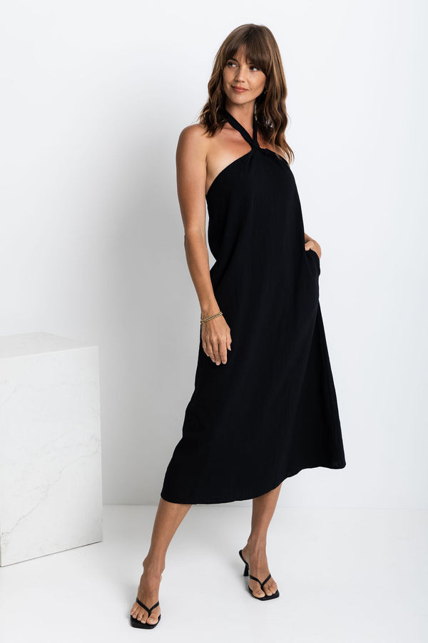 Bella Halter Midi Dress - Black - The Self Styler