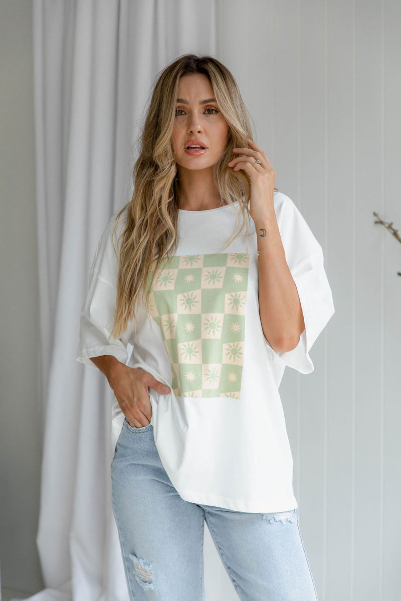 Sunny Relaxed-Fit Tee - Ivory and Green - Girl and the Sun - The Self Styler