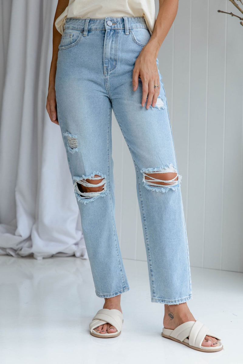 Georgie Distressed Denim Mum Jeans - Light Wash - The Self Styler