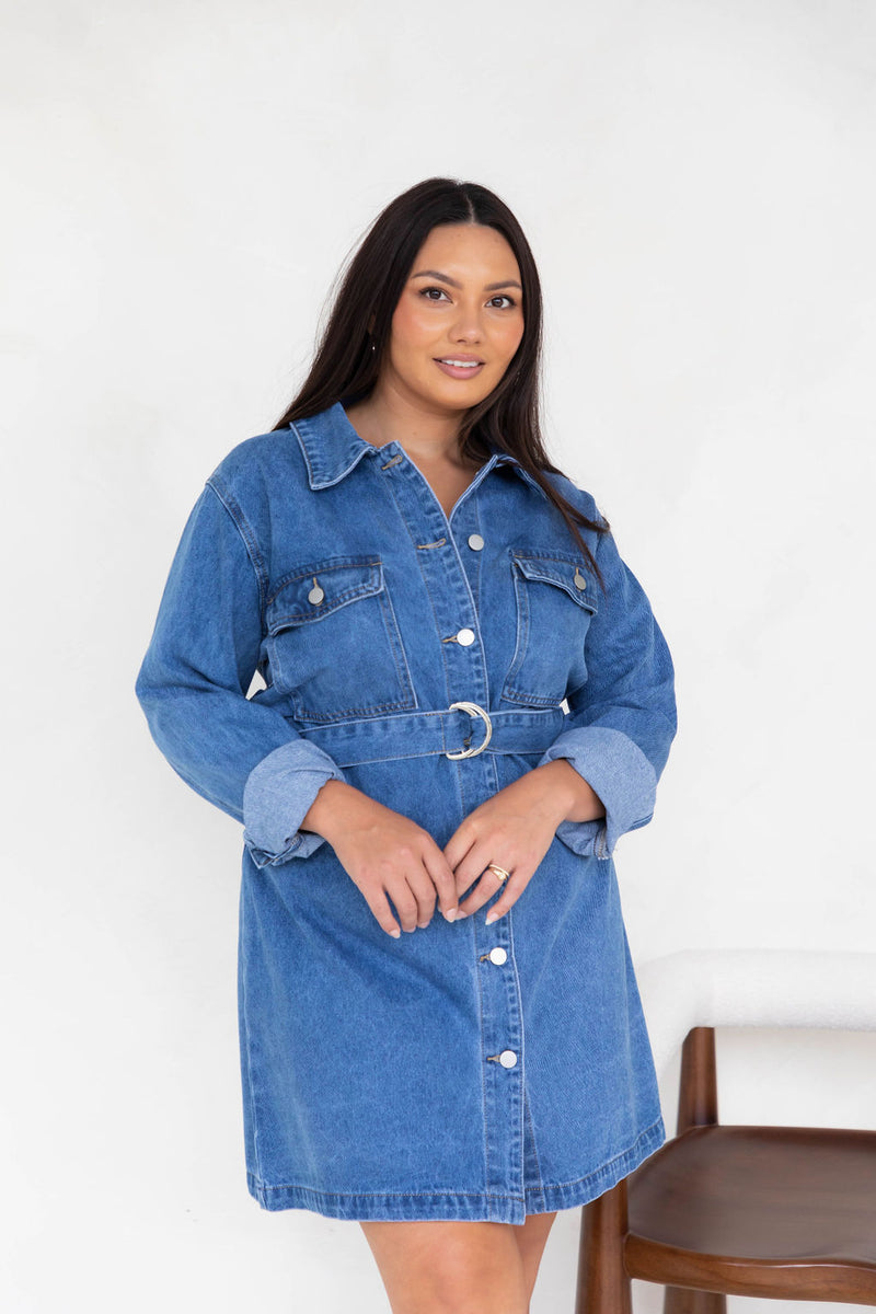 Lexi Long Sleeve Denim Dress - Mid-Wash - The Self Styler