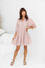 Carla Cotton Mini Dress - Soft Red Stripe - The Self Styler