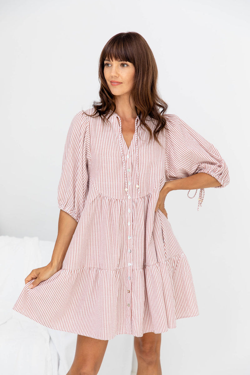 Carla Cotton Mini Dress - Soft Red Stripe - The Self Styler