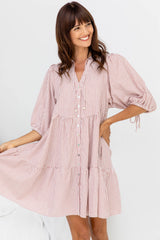 Carla Cotton Mini Dress - Soft Red Stripe - The Self Styler