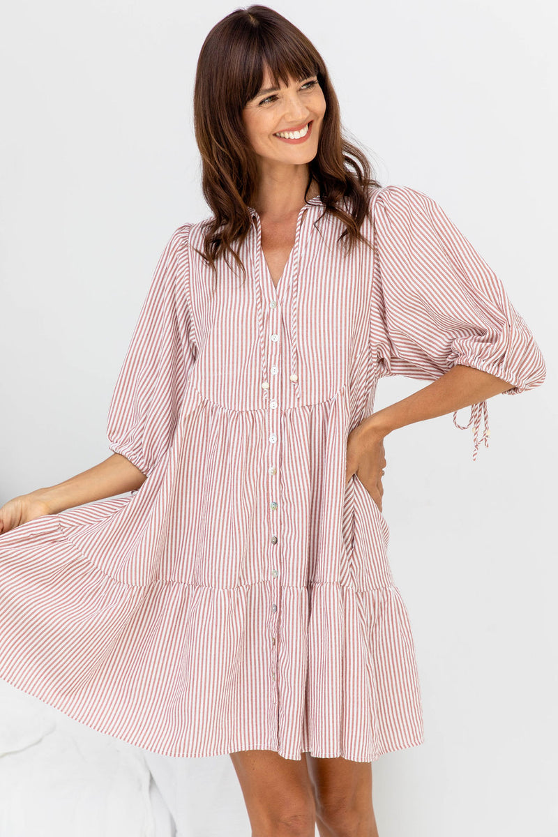 Carla Cotton Mini Dress - Soft Red Stripe - The Self Styler