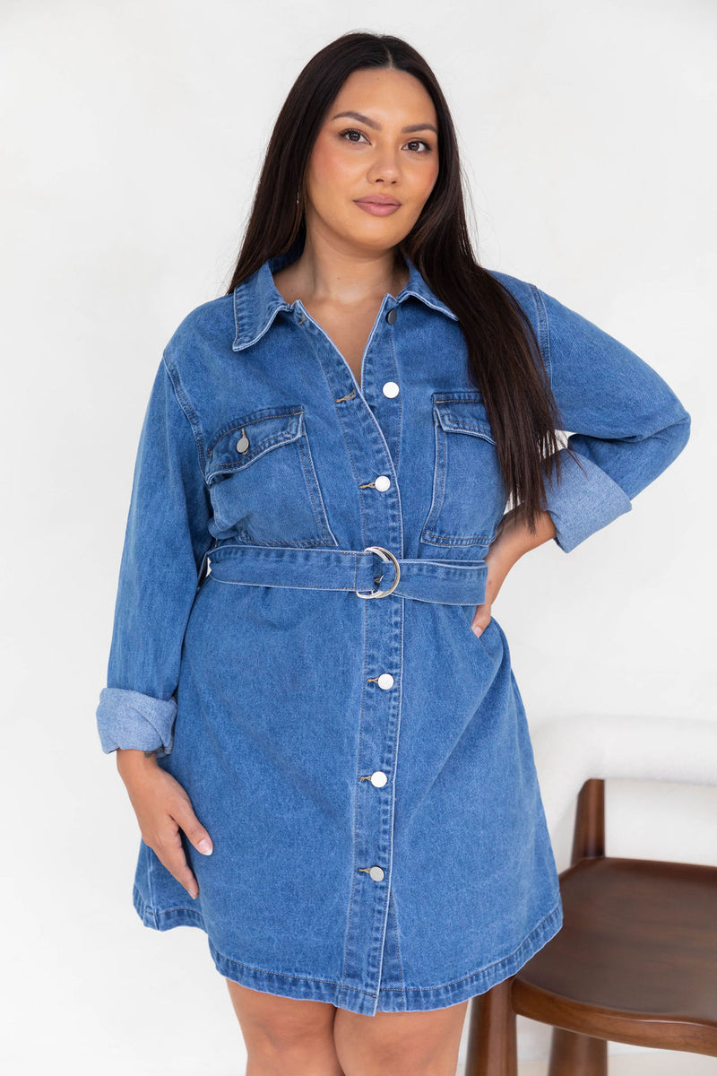 Lexi Long Sleeve Denim Dress - Mid-Wash - The Self Styler