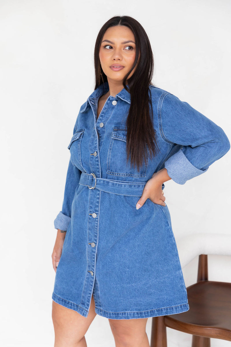 Lexi Long Sleeve Denim Dress - Mid-Wash - The Self Styler