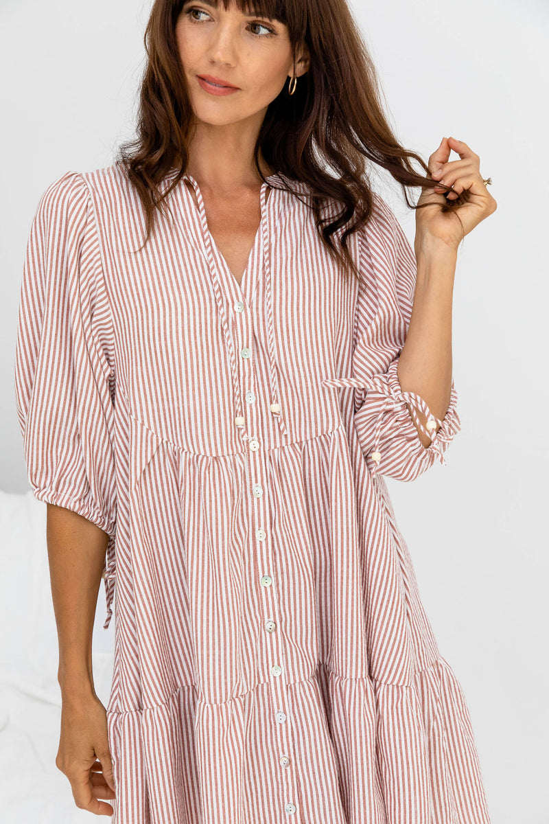 Carla Cotton Mini Dress - Soft Red Stripe - The Self Styler