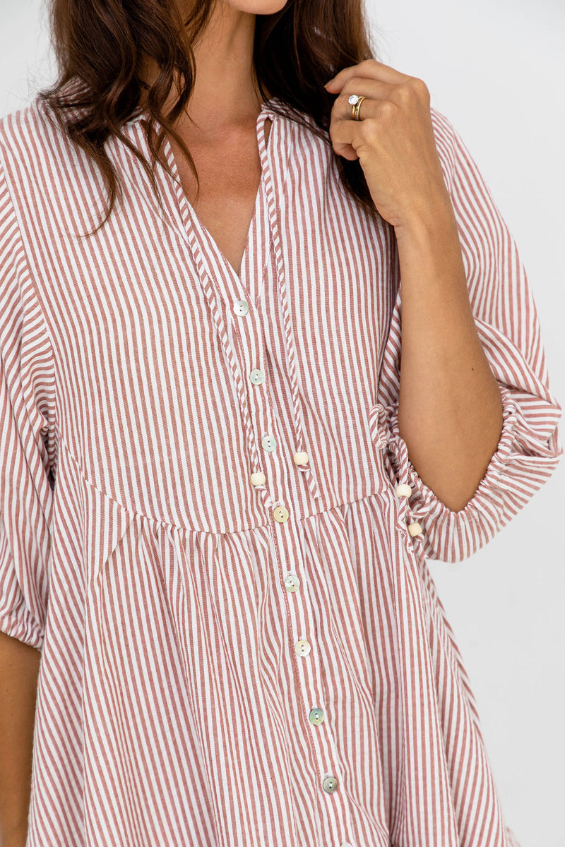 Carla Cotton Mini Dress - Soft Red Stripe - The Self Styler