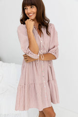 Carla Cotton Mini Dress - Soft Red Stripe - The Self Styler