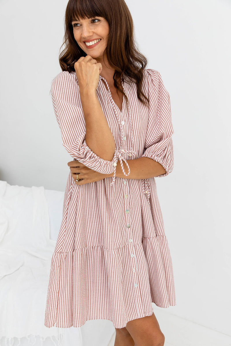 Carla Cotton Mini Dress - Soft Red Stripe - The Self Styler