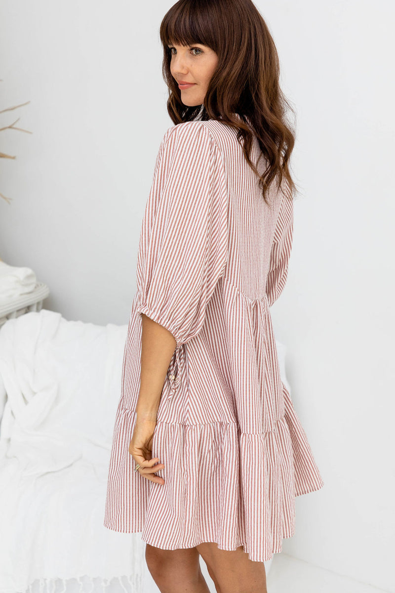 Carla Cotton Mini Dress - Soft Red Stripe - The Self Styler