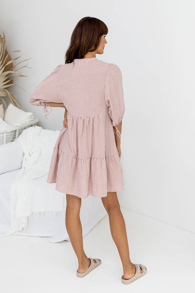 Carla Cotton Mini Dress - Soft Red Stripe - The Self Styler