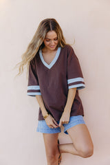 Stevie Relaxed-Fit V-Neck Tee - Blue and Chocolate - The Self Styler