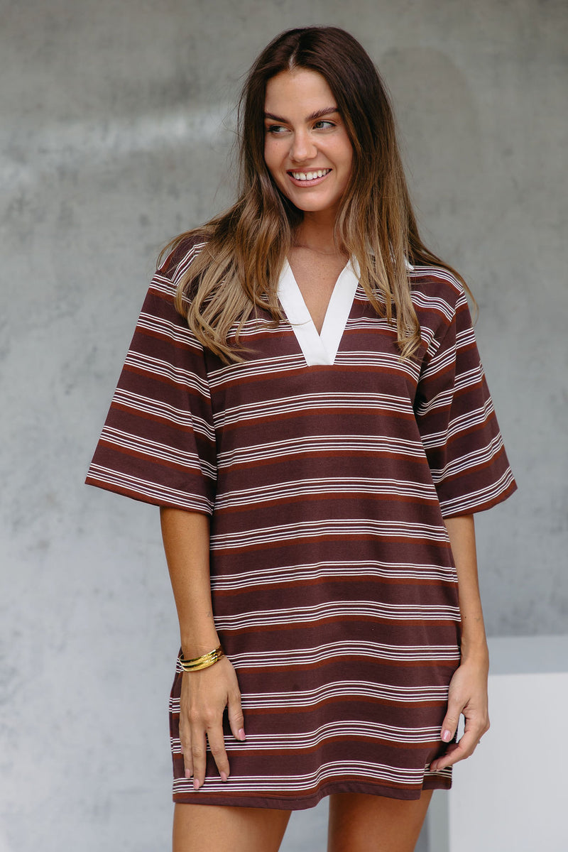 Soho Rugby Stripe Shirt Dress - Chocolate The Self Styler Soho Rugby Stripe Shirt Dress - Chocolate The Self Styler