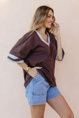 Stevie Relaxed-Fit V-Neck Tee - Blue and Chocolate - The Self Styler