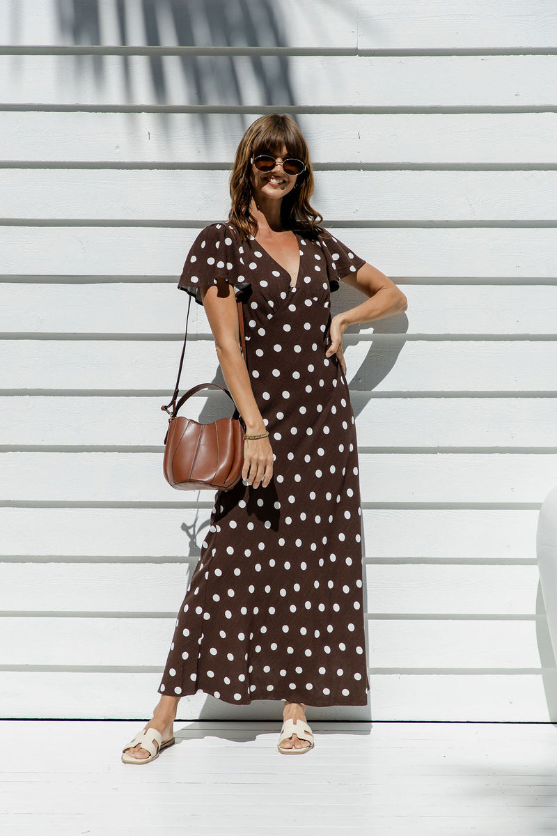 Clarissa Polka Dot Maxi Dress - Chocolate and White The Self Styler Clarissa Polka Dot Maxi Dress - Chocolate and White The Self Styler