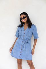 Abbie V-Neck Denim Dress - Light Wash - The Self Styler