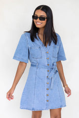 Abbie V-Neck Denim Dress - Light Wash - The Self Styler