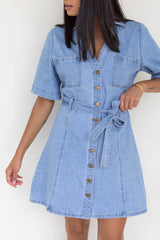 Abbie V-Neck Denim Dress - Light Wash - The Self Styler