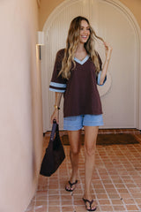 Stevie Relaxed-Fit V-Neck Tee - Blue and Chocolate - The Self Styler