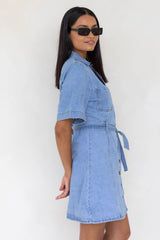 Abbie V-Neck Denim Dress - Light Wash - The Self Styler