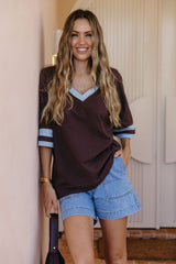 Stevie Relaxed-Fit V-Neck Tee - Blue and Chocolate - The Self Styler