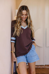 Stevie Relaxed-Fit V-Neck Tee - Blue and Chocolate - The Self Styler