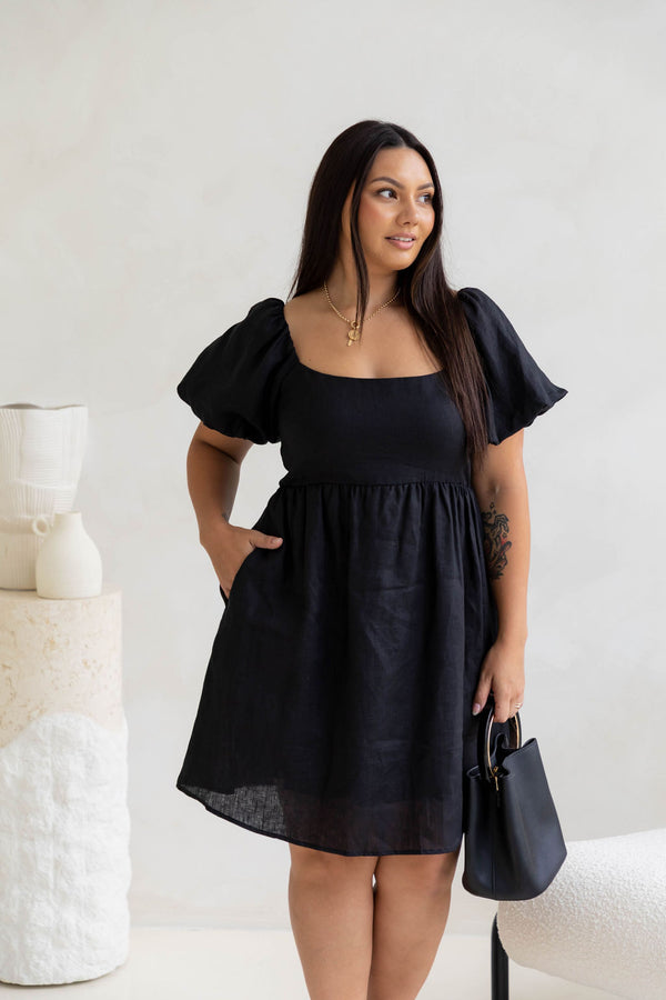 Jayla Linen Mini Dress - Black - The Self Styler