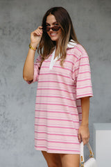 Soho Rugby Stripe Shirt Dress - Pink - The Self Styler
