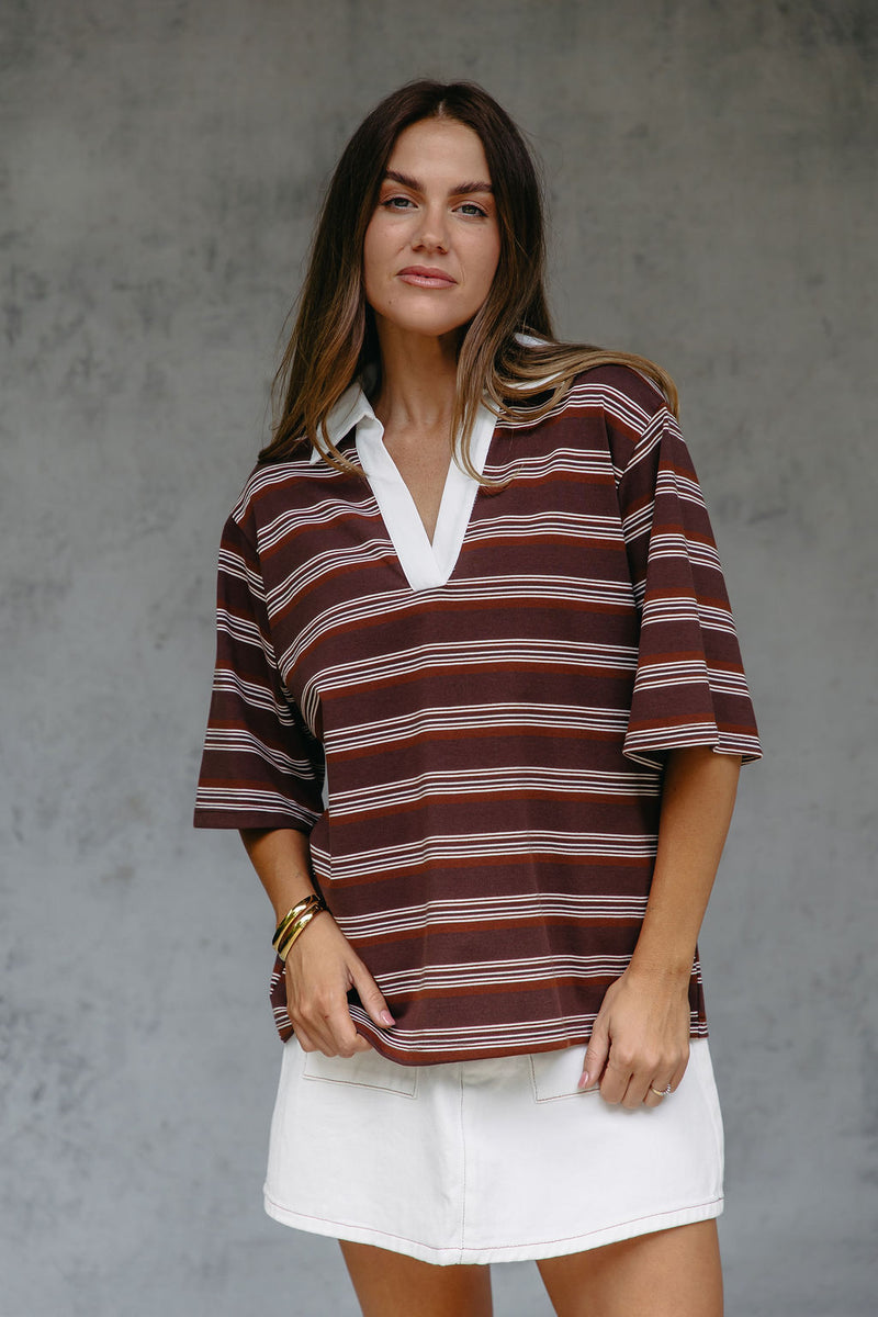 Ollie Rugby Stripe Tee - Chocolate - The Self Styler