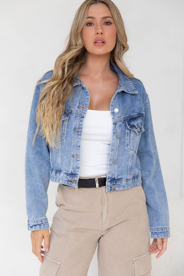 Dexter Denim Biker Crop Jacket - Mid Wash - The Self Styler