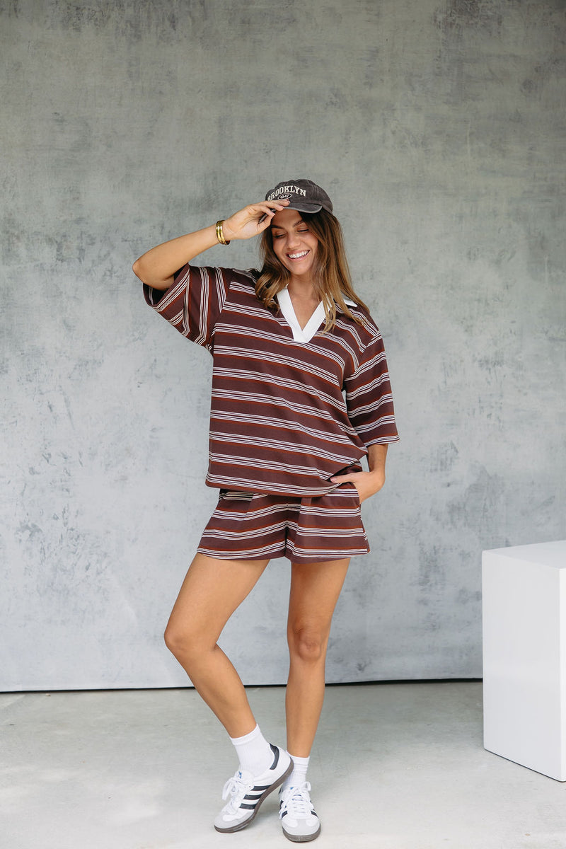 Jye Rugby Stripe Shorts - Chocolate - The Self Styler