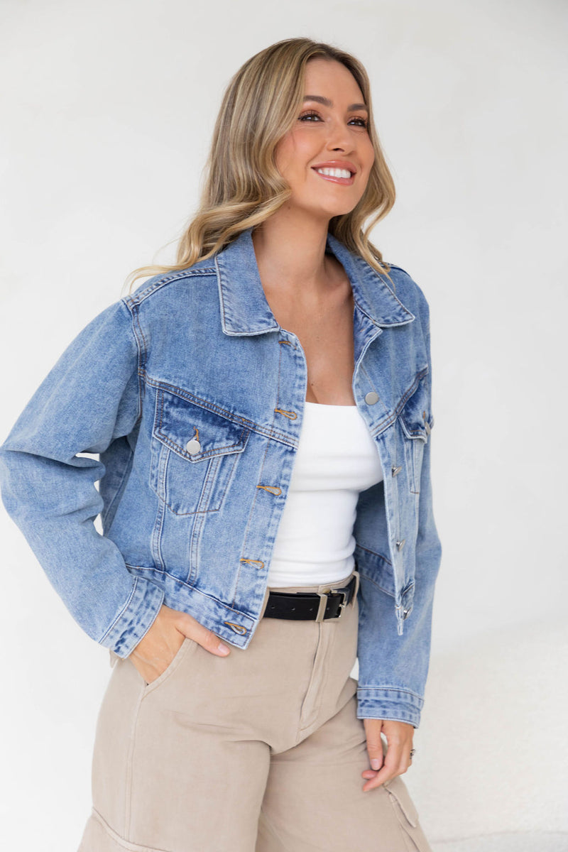 Dexter Denim Biker Crop Jacket - Mid Wash - The Self Styler