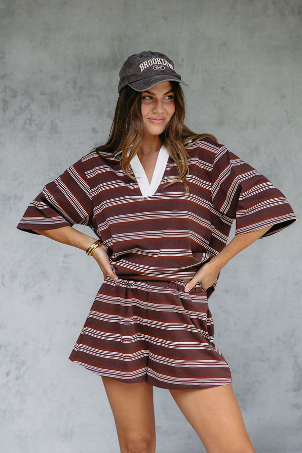 Jye Rugby Stripe Shorts - Chocolate - The Self Styler