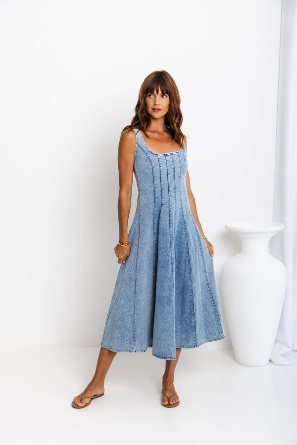 August Denim Midi Dress - Light Wash - The Self Styler