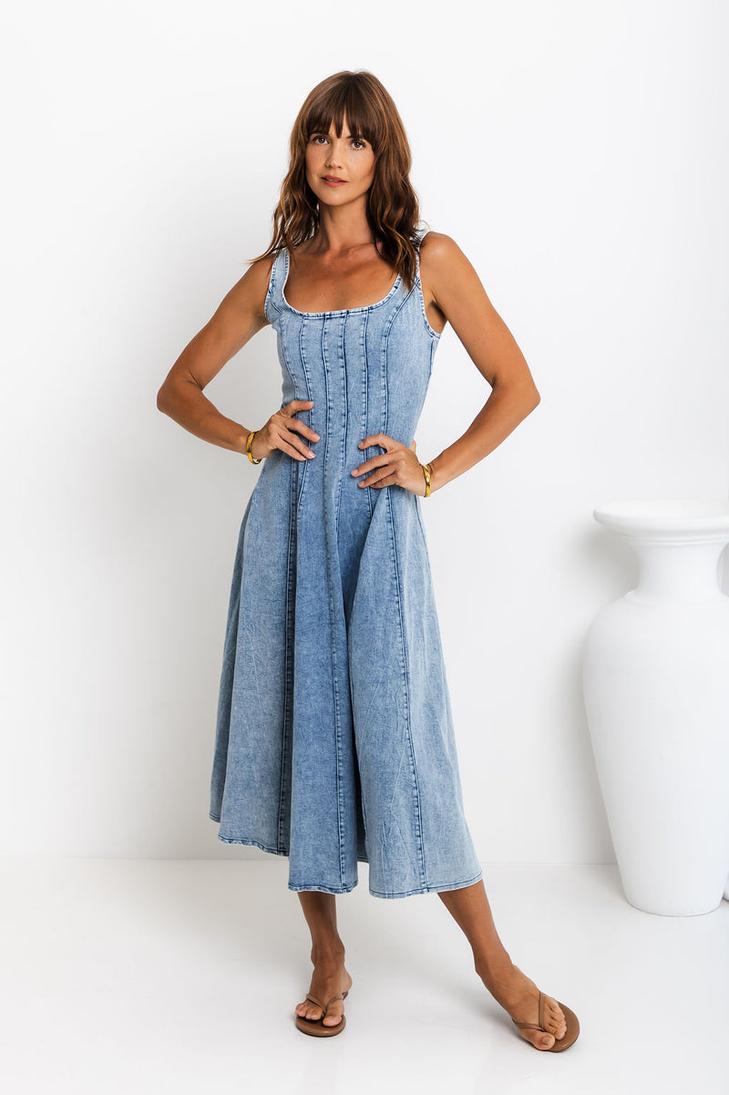 August Denim Midi Dress - Light Wash - The Self Styler