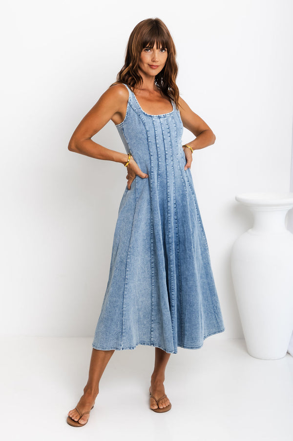 August Denim Midi Dress - Light Wash - The Self Styler