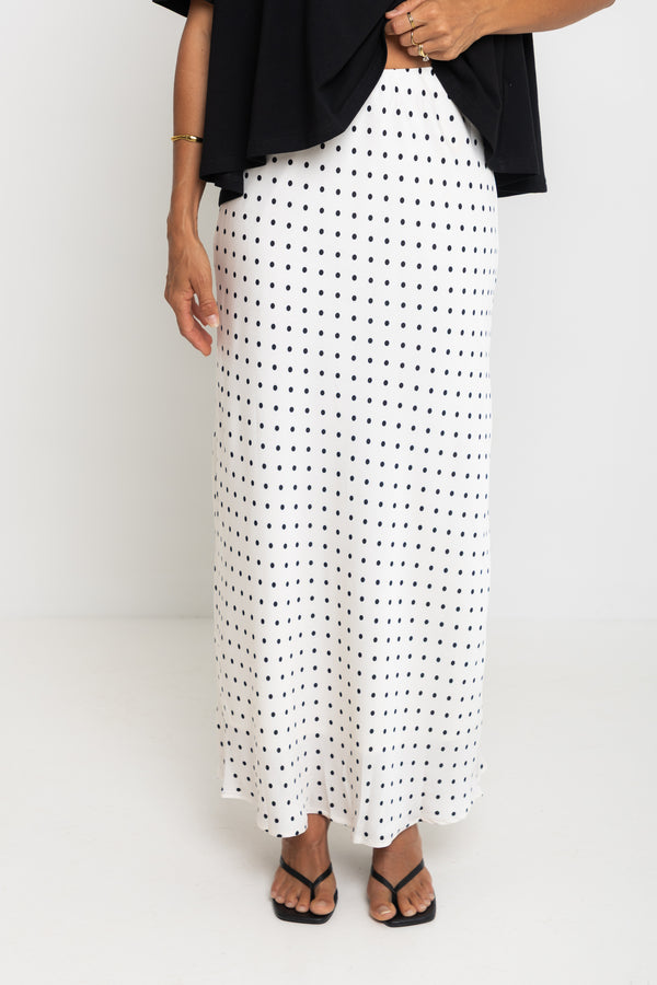 Saski Maxi Skirt - White with Black Polka Dots