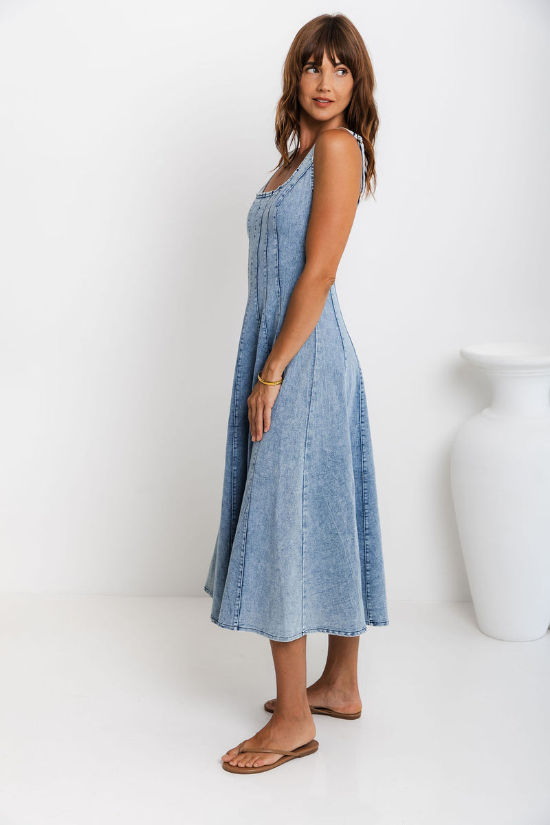 August Denim Midi Dress - Light Wash - The Self Styler