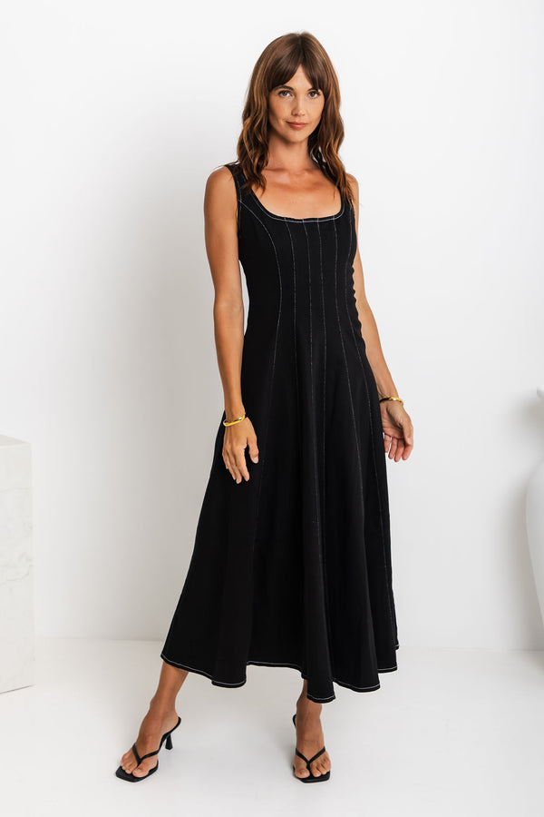 August Denim Midi Dress - Black - The Self Styler