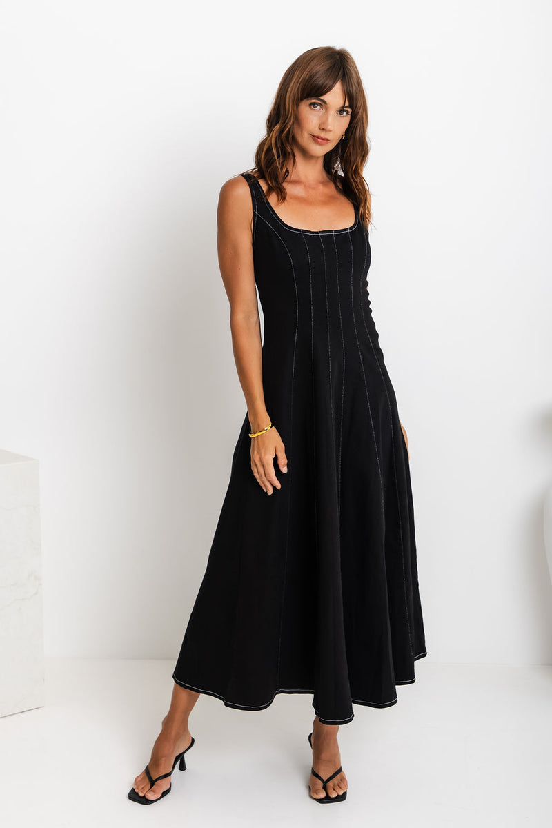 August Denim Midi Dress - Black - The Self Styler