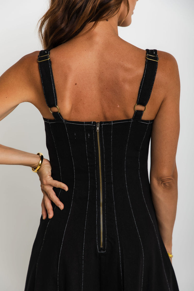 August Denim Midi Dress - Black - The Self Styler