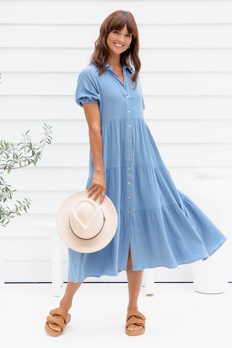 Mika Cotton Midi Dress - Blue - The Self Styler - The Self Styler