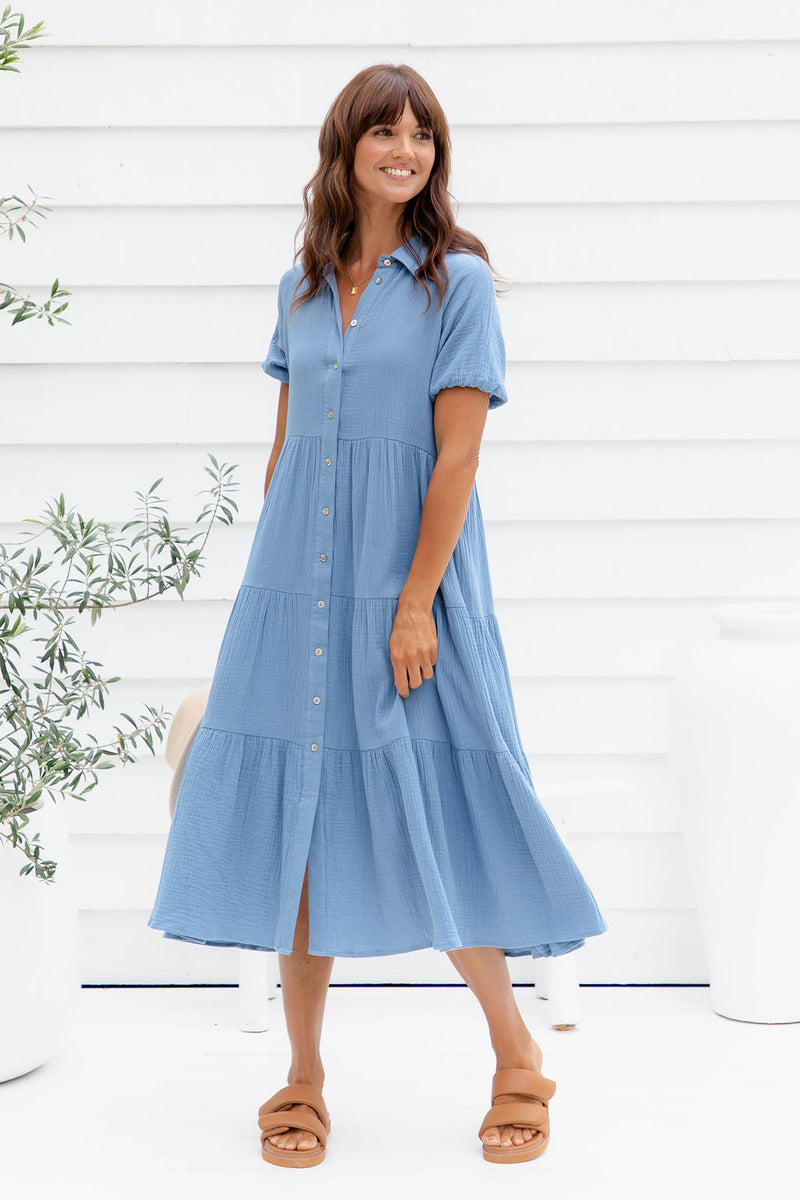 Mika Cotton Midi Dress - Blue - The Self Styler - The Self Styler