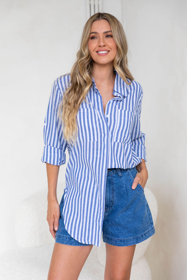 Toni Cotton Shirt - Blue and White Stripe - The Self Styler