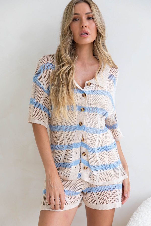 Serena Crochet Shirt - Blue and Beige