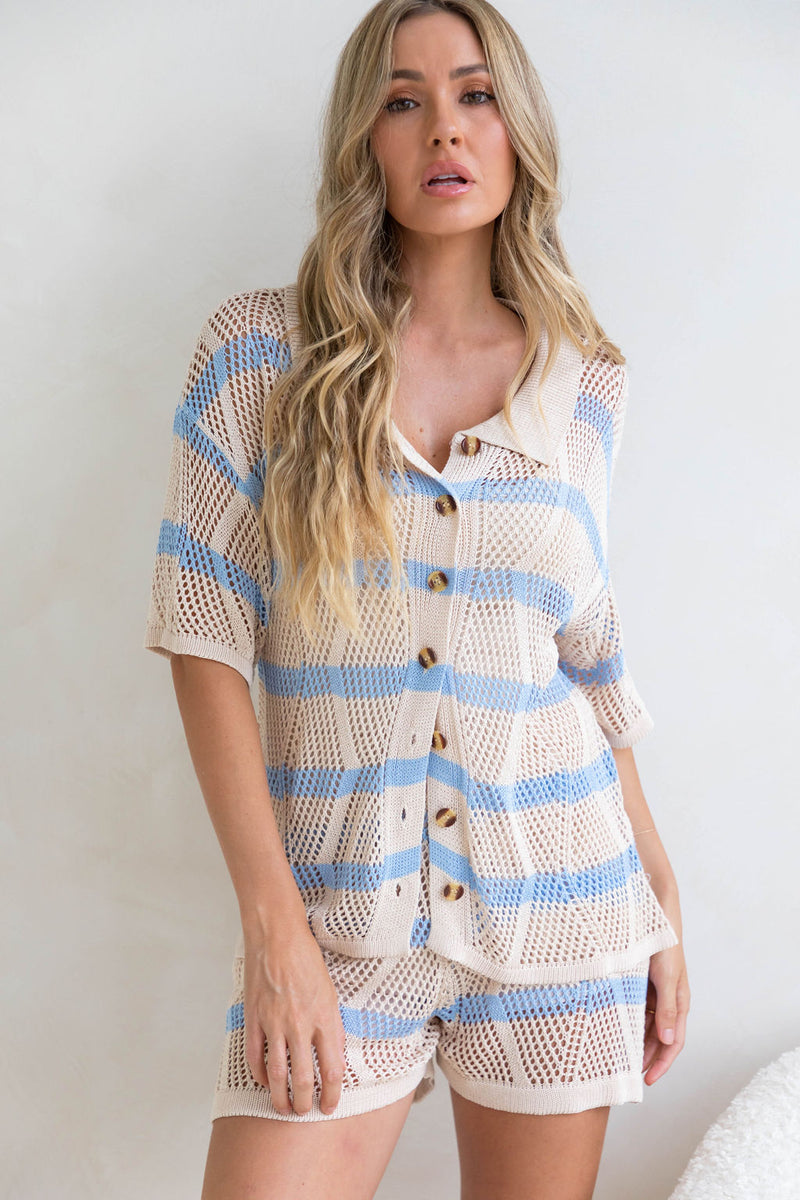 Serena Crochet Shirt - Blue and Beige - The Self Styler
