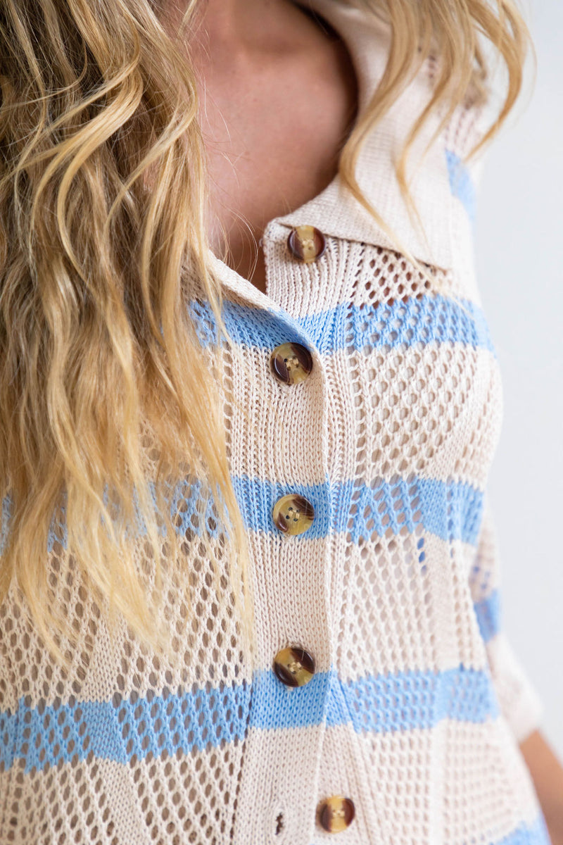Serena Crochet Shirt - Blue and Beige - The Self Styler